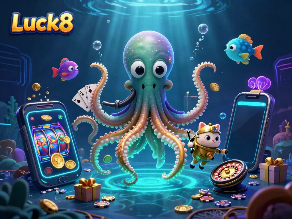 Engage with the magical world of Luck8 as golden tentacled kraken and a vintage diving cat explore treasure-filled depths amid exciting slot games.