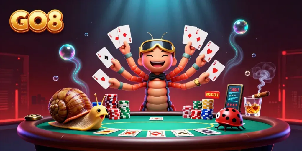 Engaging 3D cartoon scene featuring GO8 characters in a lively poker setting with vibrant casino elements, showcasing action and excitement.