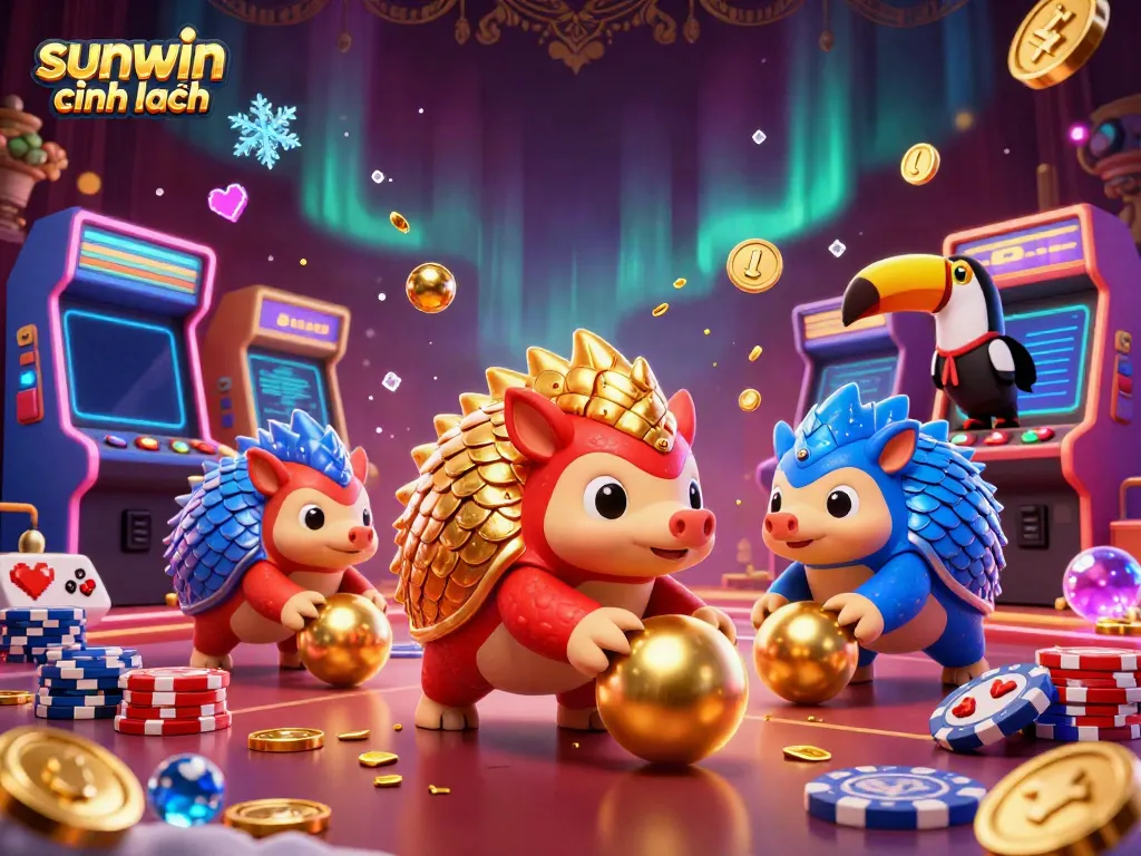 Play with sunwin chính hãng in an exciting casino scene with dynamic pangolins and colorful game machines.