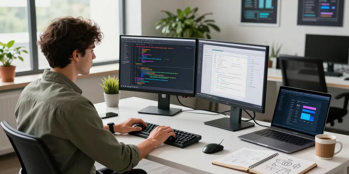 Build internal tools with AI in a modern tech workspace featuring a developer coding at dual monitors.