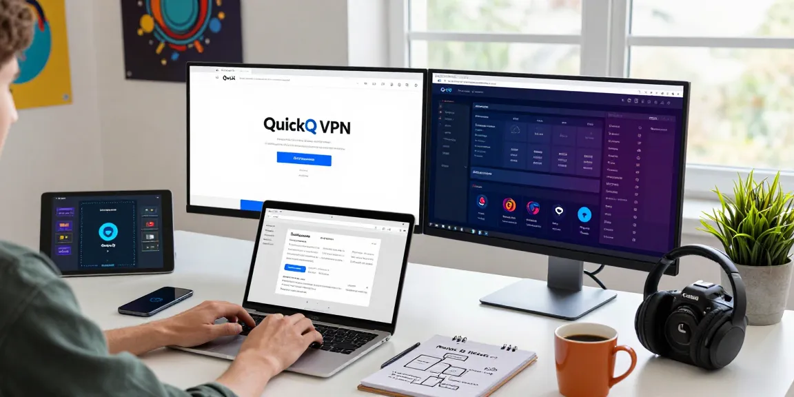 在现代化工作空间中，用户正在下载QuickQ下载应用，显示出专业的技术环境及多样化的设备。
