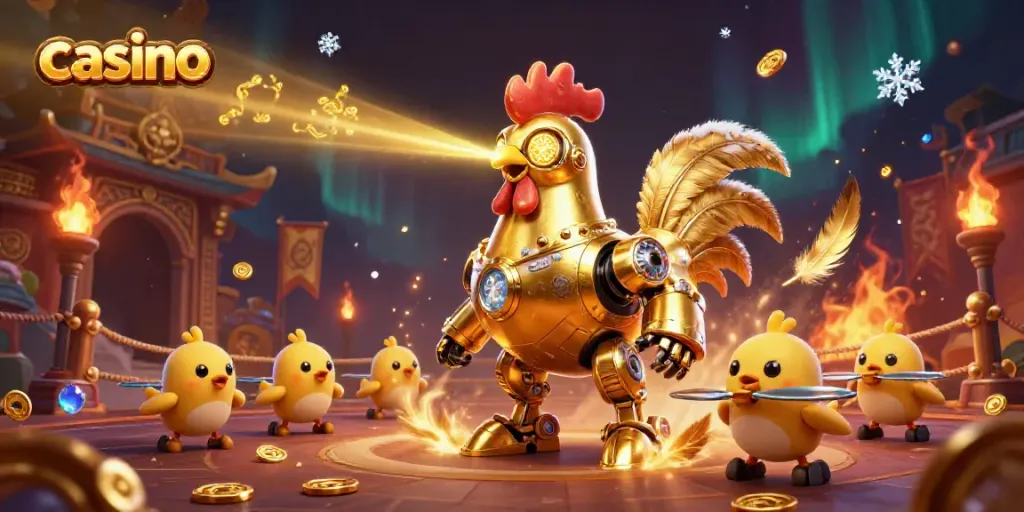 Engage in casino excitement with a golden rooster robot and baby chick drones in a vibrant gambling scene