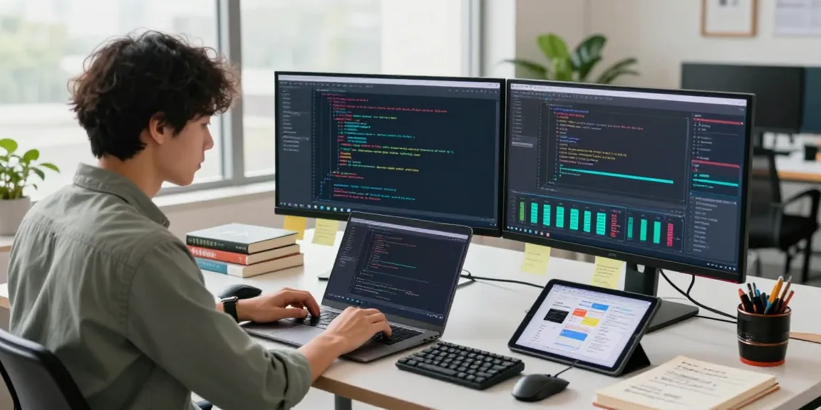 Developer coding juicy ai applications on modern workspace monitors