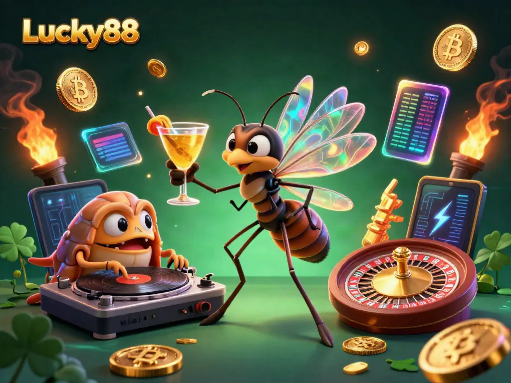 Experience excitement at Lucky88 with animated casino mascots and vibrant cryptocurrency elements.