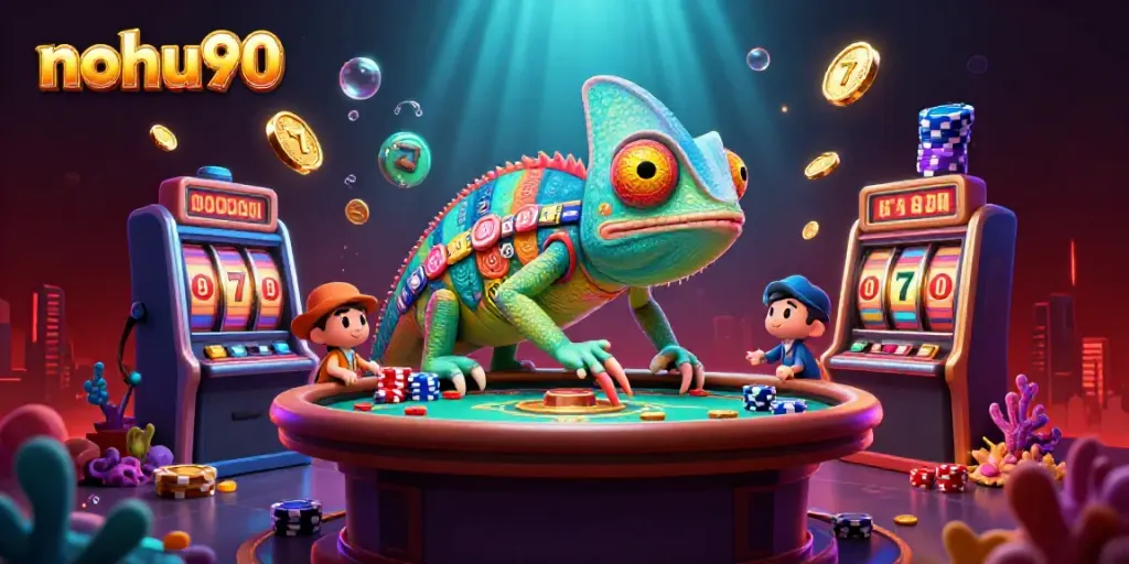 Engage with nohu90's vibrant casino scene filled with colorful slots and shimmering treasures.