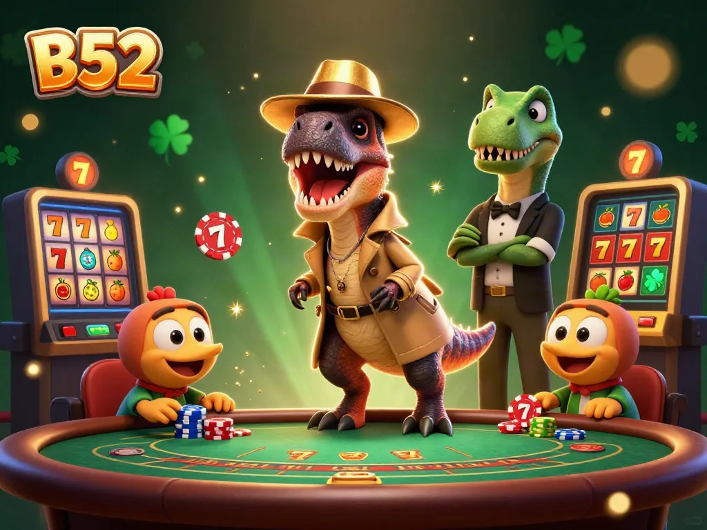 B52 casino scene with a velociraptor card counter, stegosaurus pit boss, and compy pickpocket among vibrant slot game elements.