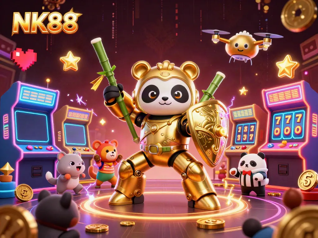 Experience thrilling action with NK88's vibrant casino world featuring a mech-suit panda and arcade elements.