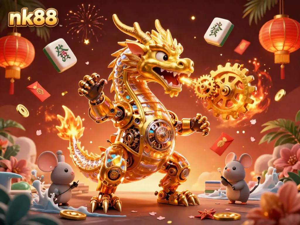 Engage in thrilling gameplay at nk88, featuring a dynamic scene of a golden dragon and lucky symbols celebrating casino excitement.