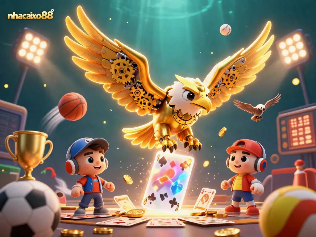 Engage in thrilling action at nhacaixo88 with golden eagle soaring over holographic cards and sports elements.