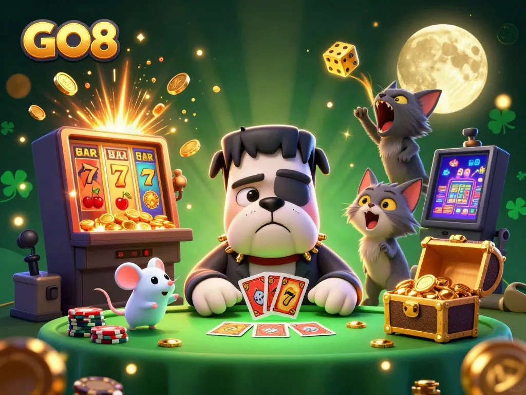 GO8 showcases a lively casino scene with playful characters and exciting gaming elements.