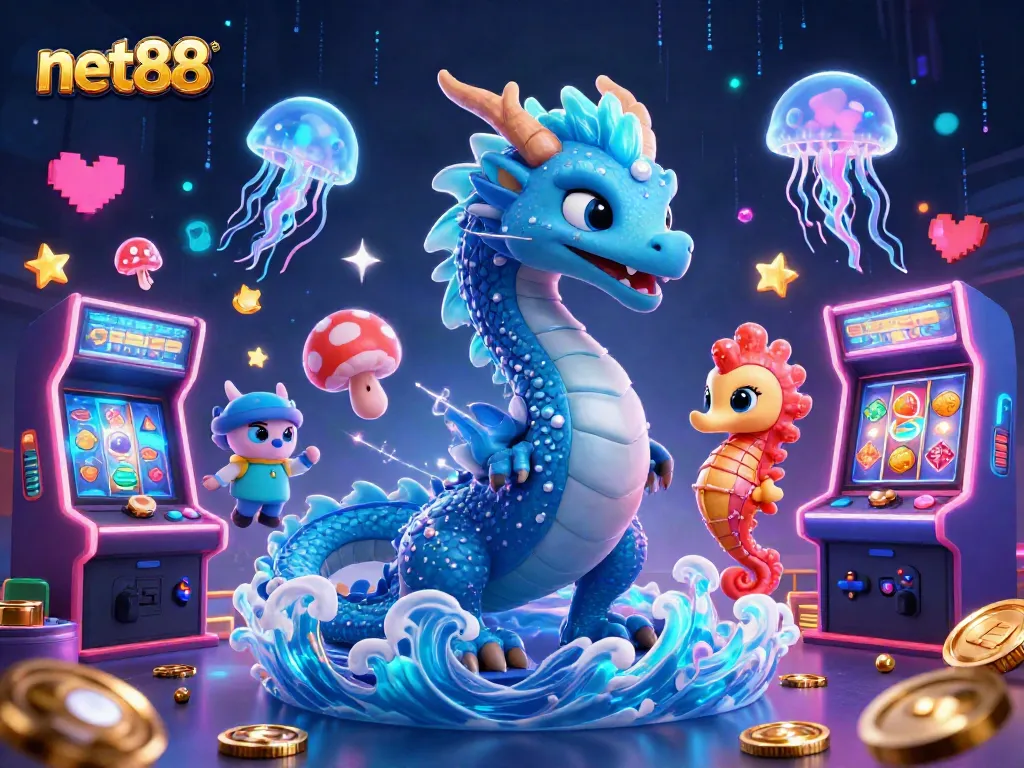 Engage with net88's vibrant online casino experience featuring dynamic dragons and neon game elements.