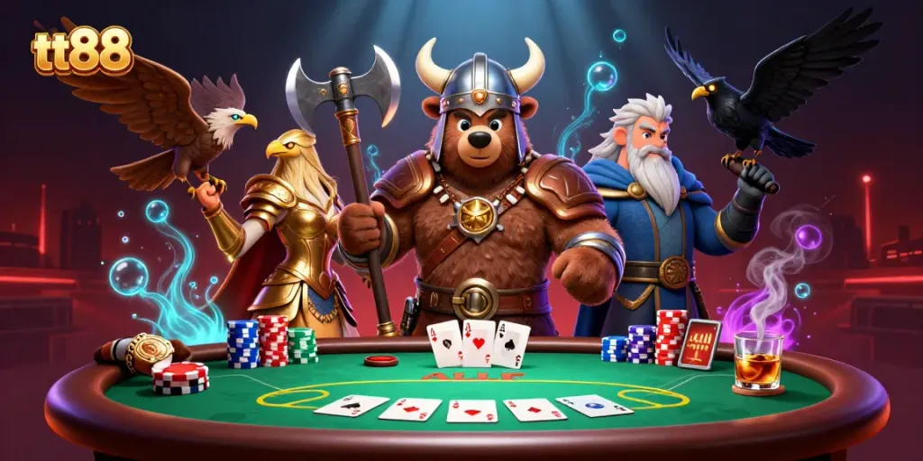 Experience the excitement of tt88 with a dynamic poker scene featuring lively characters and vibrant game elements.