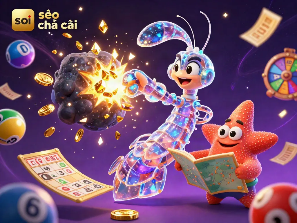 Savor the thrill of soi kèo nhà cái as a mantis shrimp shatters an asteroid into gold coins, amid a vibrant gambling scene.