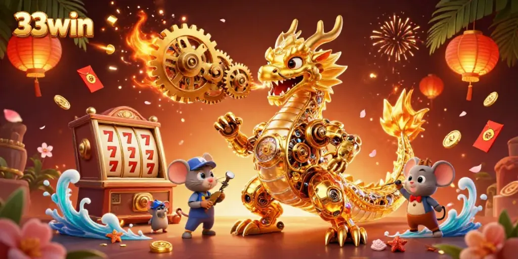 Experience thrilling gameplay with 33win in a vibrant 3D illustration of a golden dragon and game elements.