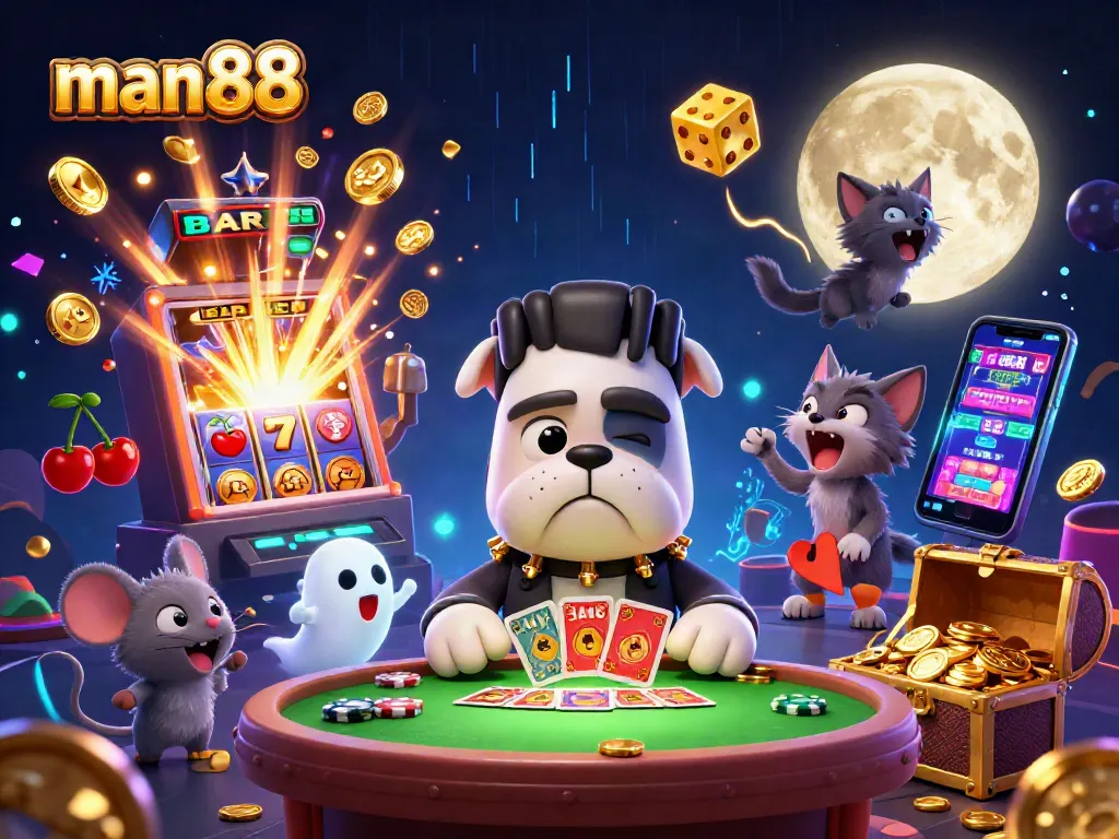 Play with the man88 bulldog monster at an exciting casino table surrounded by slots!