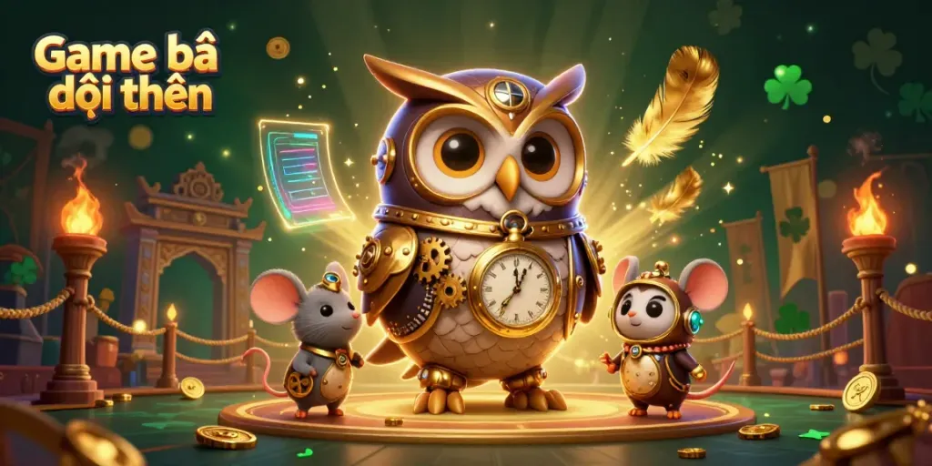 Experience immersive Game bài đổi thưởng action with a steampunk owl and stunning casino elements.