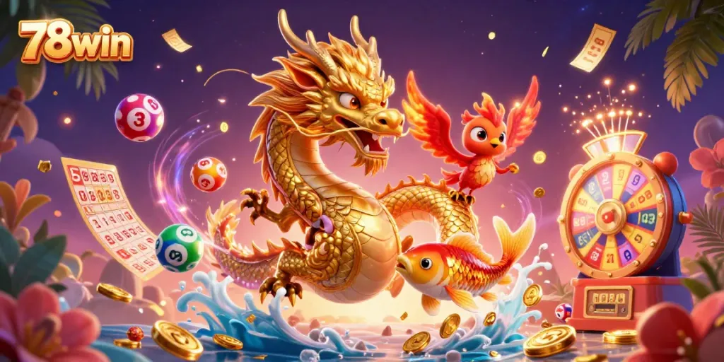 Experience thrilling gambling action with 78win featuring a dragon, phoenix, and koi fish.