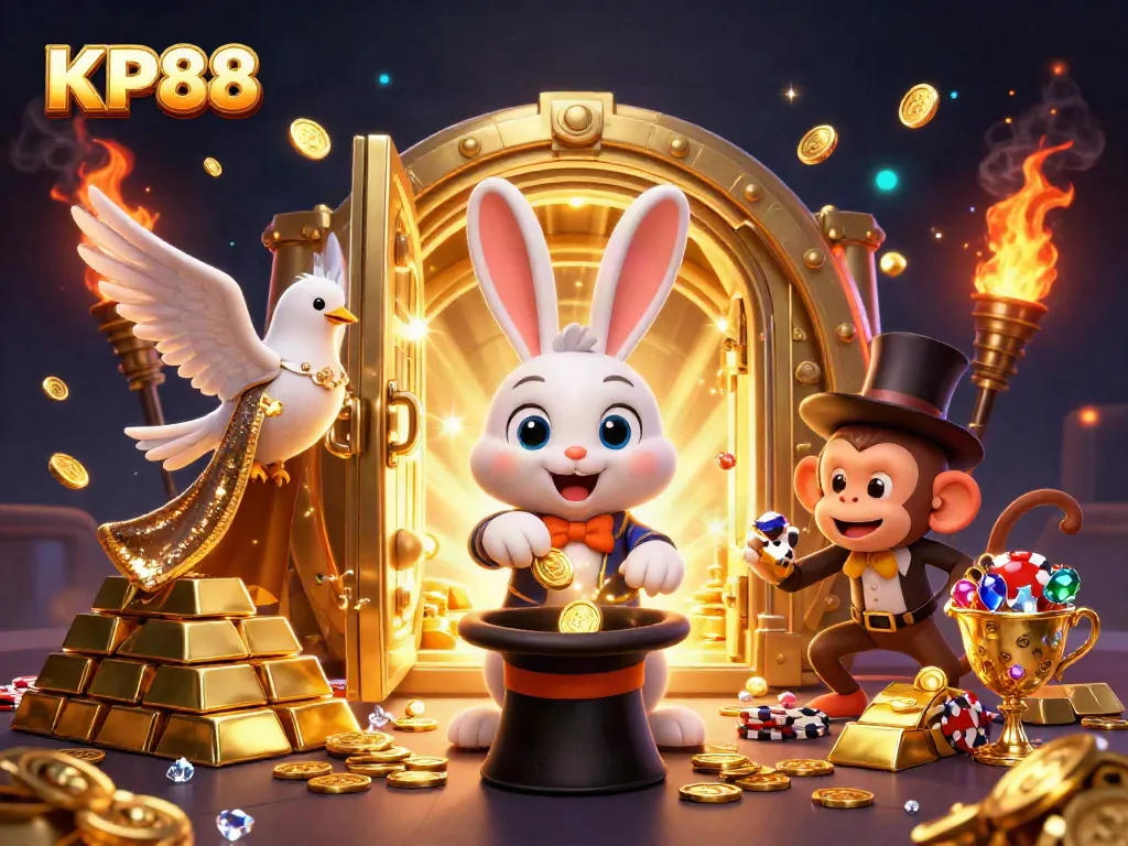 Experience the thrills of KP88 with a cartoon magician rabbit, coins, and casino elements.