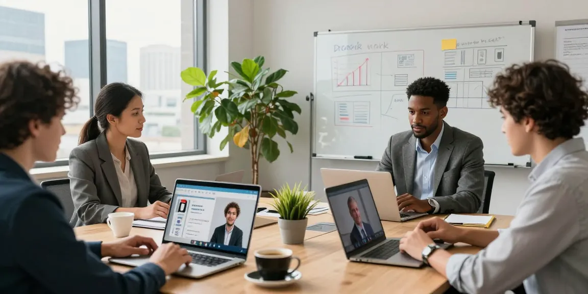 Team in a modern office discussing business phone solutions with laptops and digital tools.