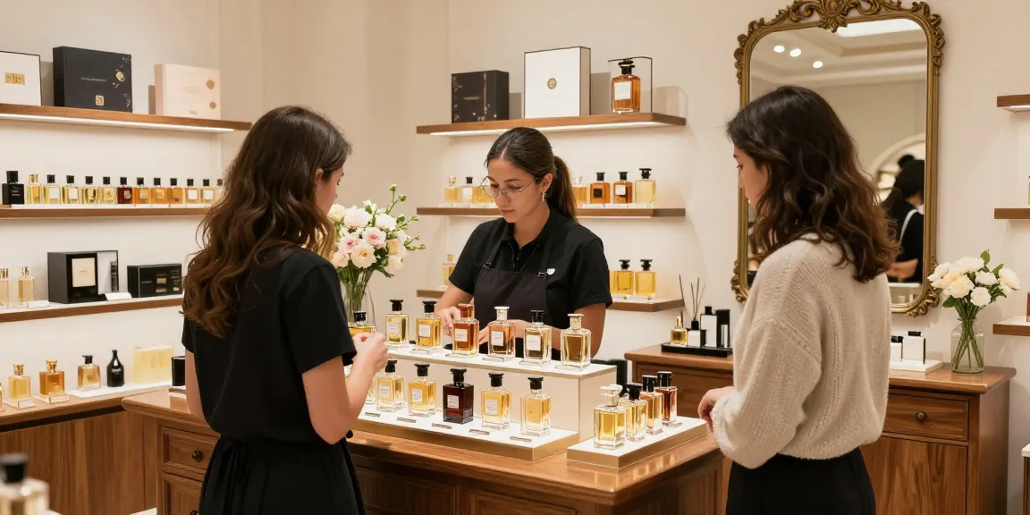 Classic perfumes elegantly displayed in a boutique, showcasing luxury and sophistication.