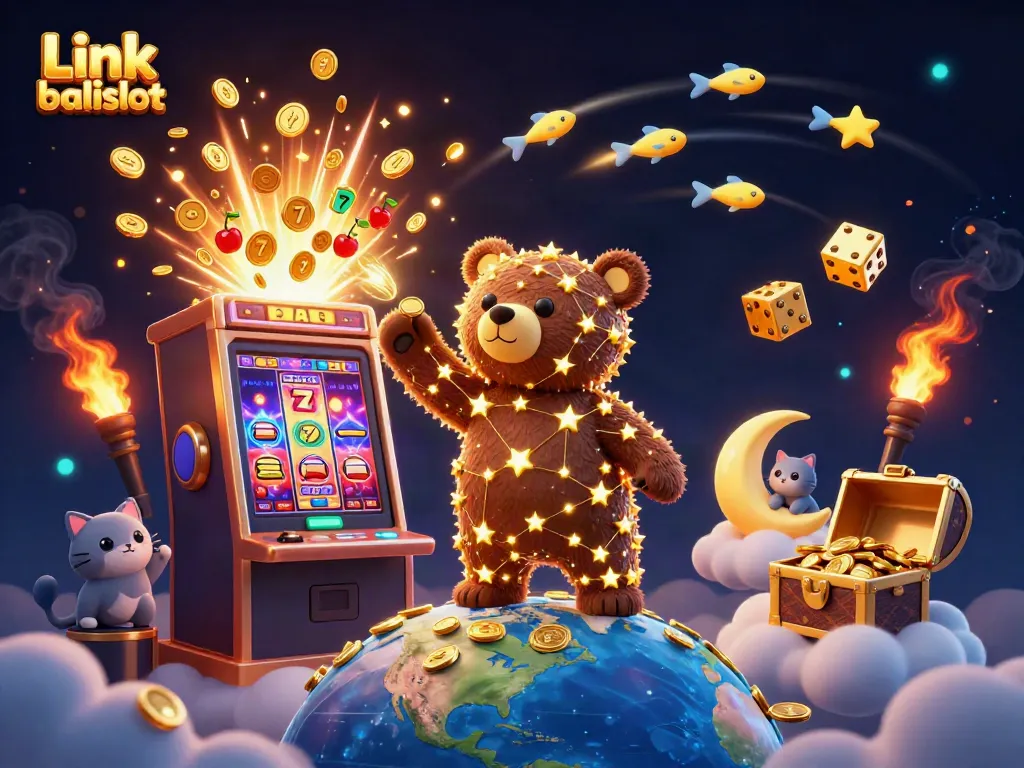 Engage with Link balislot's captivating casino realm filled with golden stars, slot machines, and bursting jackpots.