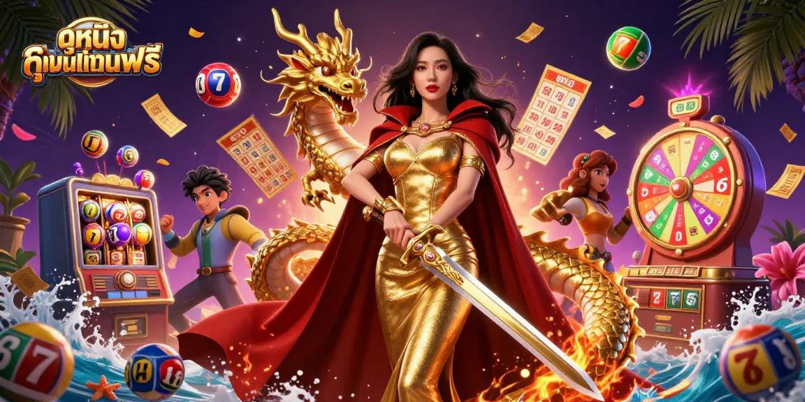Experience ดูหนังออนไลน์ฟรี with dynamic casino excitement featuring vivid illustrations of a warrior queen amidst engaging game elements.