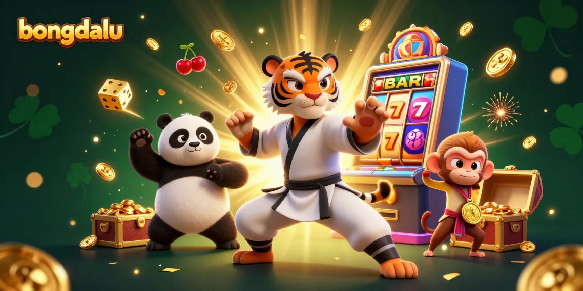 Engage in thrilling gameplay with the bongdalu-inspired scene featuring a kung fu master, panda disciple, and playful monkey.