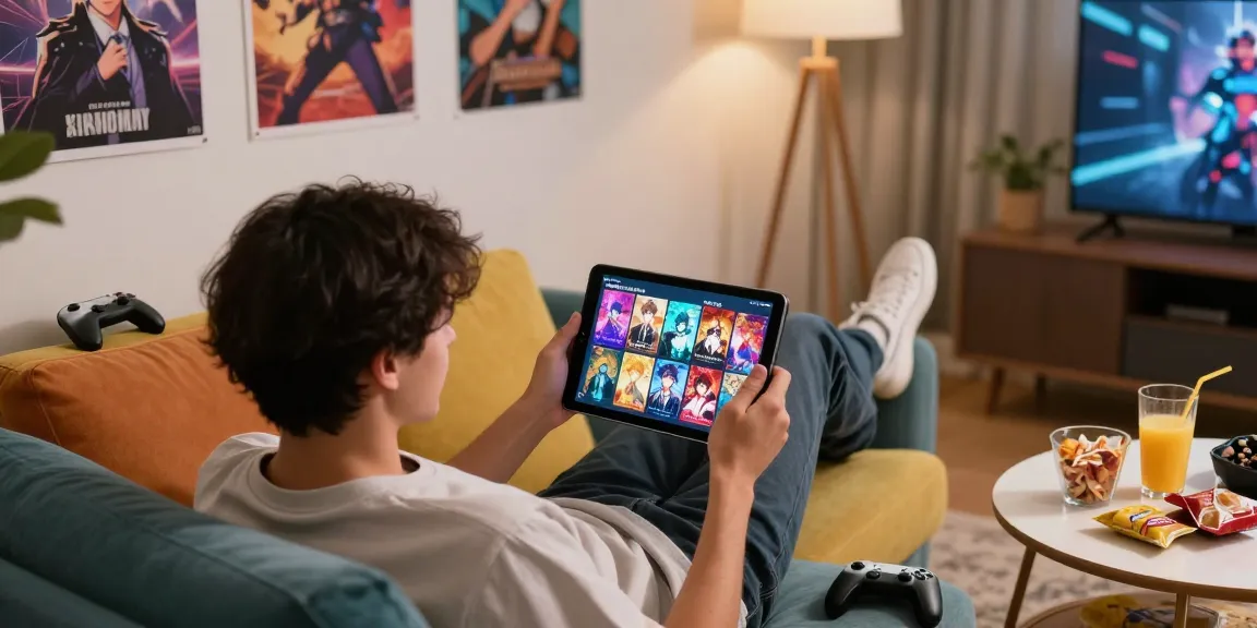 Engaging adult visual novel gameplay experience at home with lewdspot game on a tablet and cozy atmosphere.