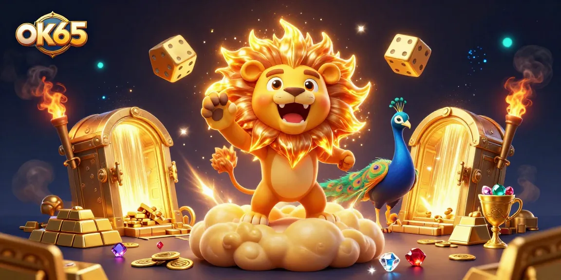 Experience the thrilling adventure of ok65 with a casino-themed 3D illustration featuring vibrant characters and treasures.