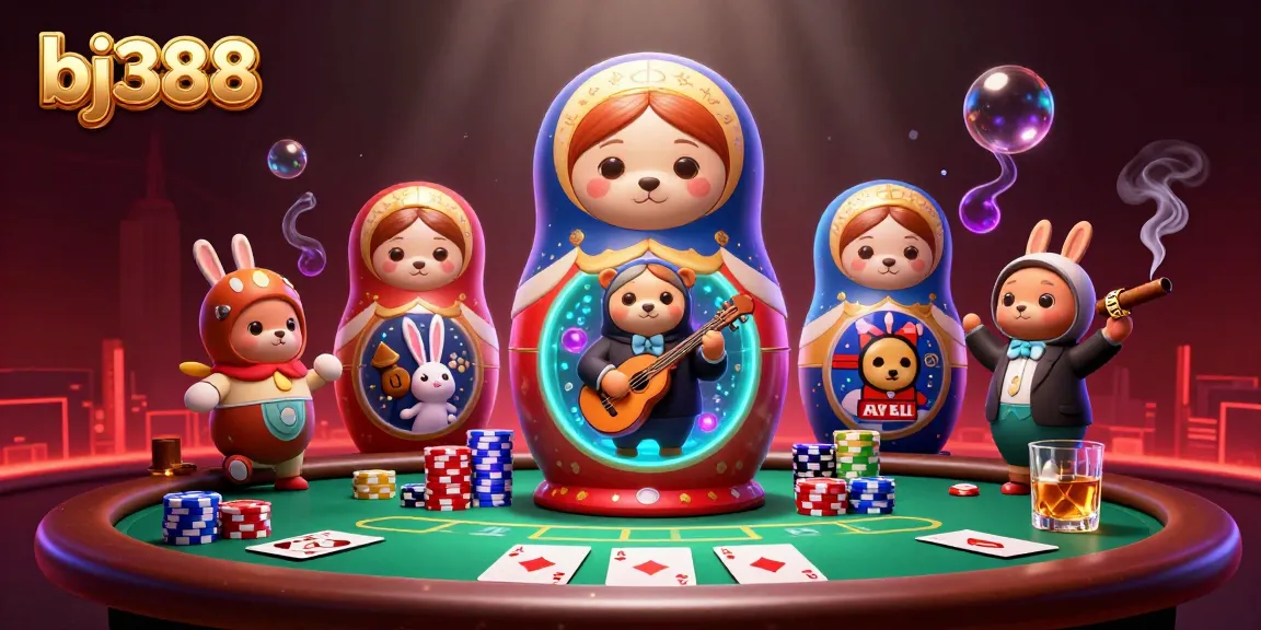 Experience engaging casino action in bj388 with colorful bears and poker elements alongside a vibrant urban background.