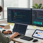 Developer coding juicy ai applications on modern workspace monitors