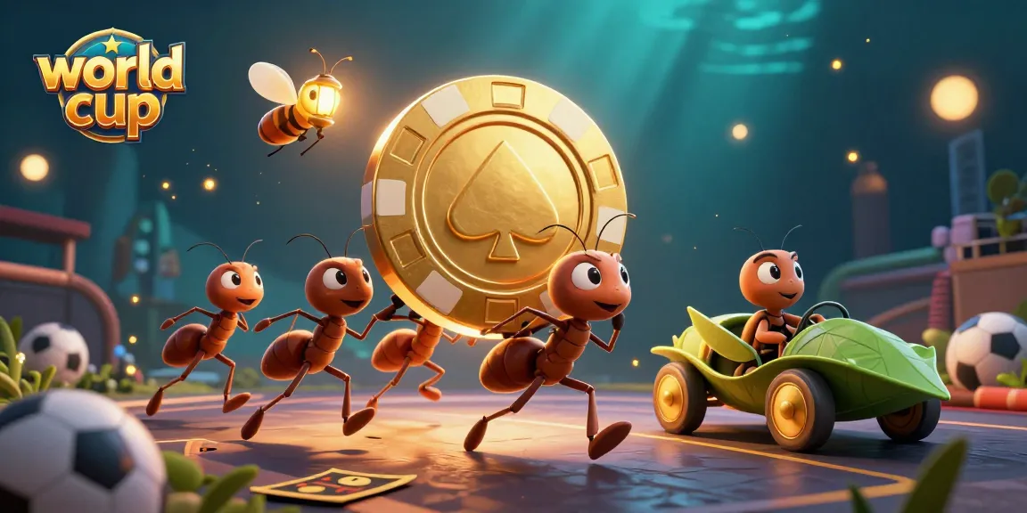Engaging illustration of the World Cup with ants carrying a giant poker chip, showcasing sports betting elements.