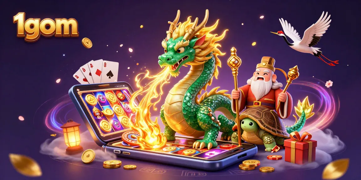 Engage with 1gom's vibrant casino experience featuring a jade dragon and dynamic gaming visuals.