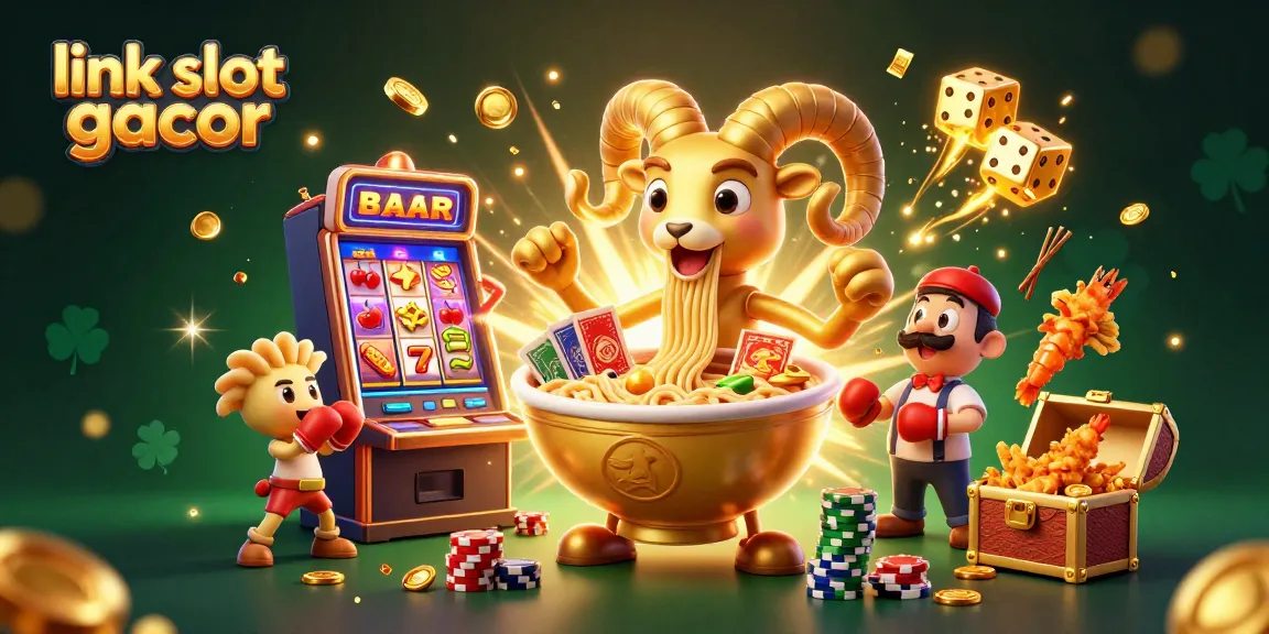 Engaging scene showcasing link slot gacor with a giant ramen bowl dealer and vibrant slot machine elements.