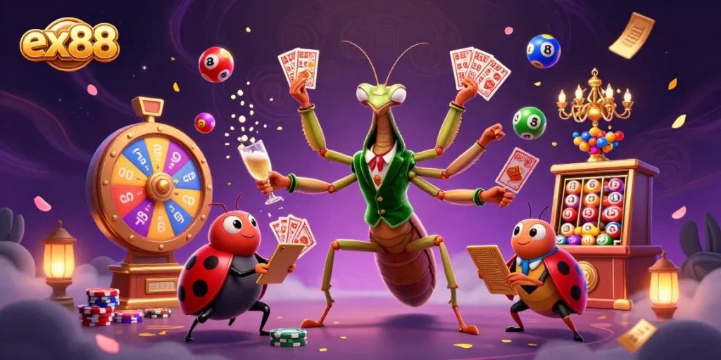 Celebrate your winnings at ex88 with vibrant lottery balls, cards, and cheering characters in an exciting casino atmosphere.
