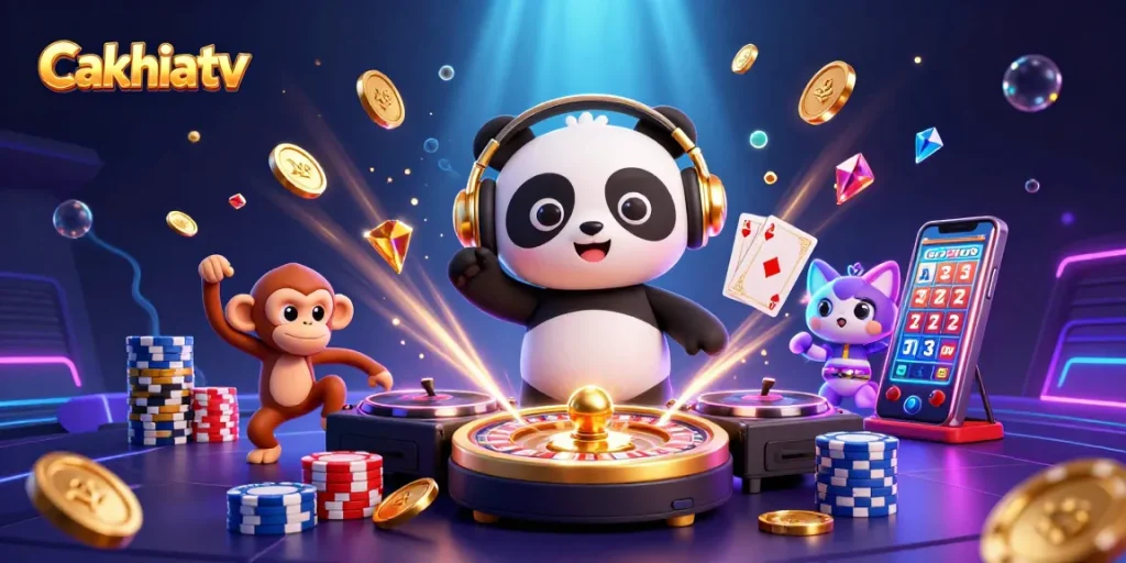 Cakhiatv hosts an electrifying 3D scene with DJ panda spinning on roulette wheel, featuring captivating casino elements and glowing visuals.