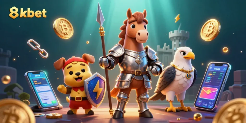 Bet big with 8xbet in a vibrant 3D gaming scene filled with crypto symbols and medieval characters.