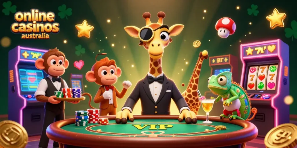 Experience online casinos Australia with an engaging 3D illustration of a high-roller giraffe at a poker table.
