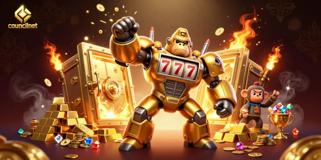 Experience the excitement at councilnet with a golden gorilla mech amidst an explosion of coins and treasures.