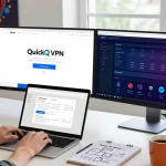 在现代化工作空间中，用户正在下载QuickQ下载应用，显示出专业的技术环境及多样化的设备。