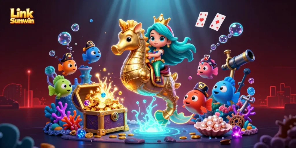 Experience the excitement of Link Sunwin with vibrant characters and underwater treasures in this energetic casino scene.