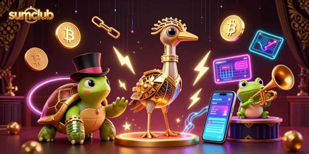 Engage with sumclub's vibrant 3D cartoon casino scene featuring colorful characters and crypto elements.