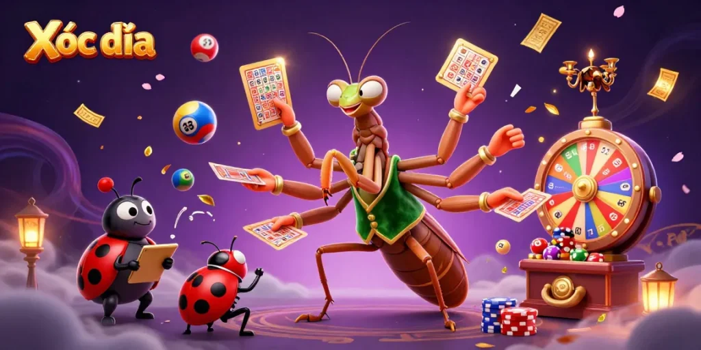Xóc đĩa game scene with a giant praying mantis card dealer, colorful balls, and winning effects