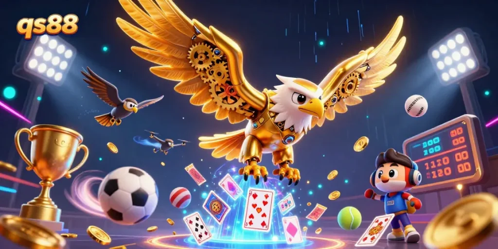 Experience dynamic gaming at qs88 with a cybernetic eagle diving through holographic cards.