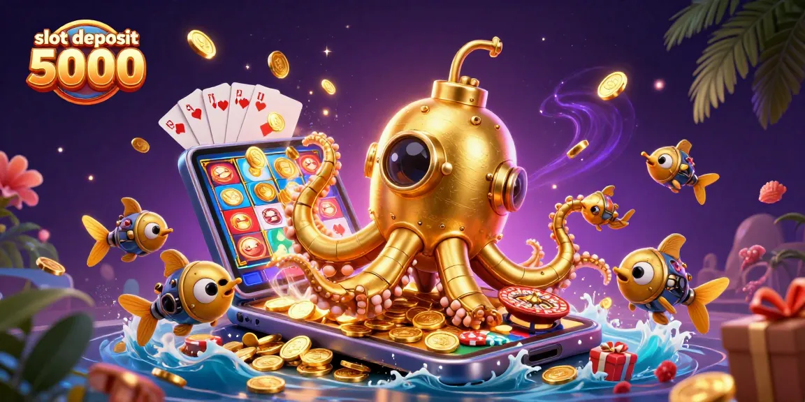 Engage with slot deposit 5000, featuring a golden kraken submarine amid gold coins and slot game action.