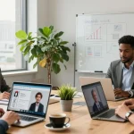 Team in a modern office discussing business phone solutions with laptops and digital tools.