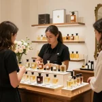 Classic perfumes elegantly displayed in a boutique, showcasing luxury and sophistication.
