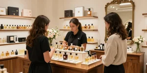 Classic perfumes elegantly displayed in a boutique, showcasing luxury and sophistication.