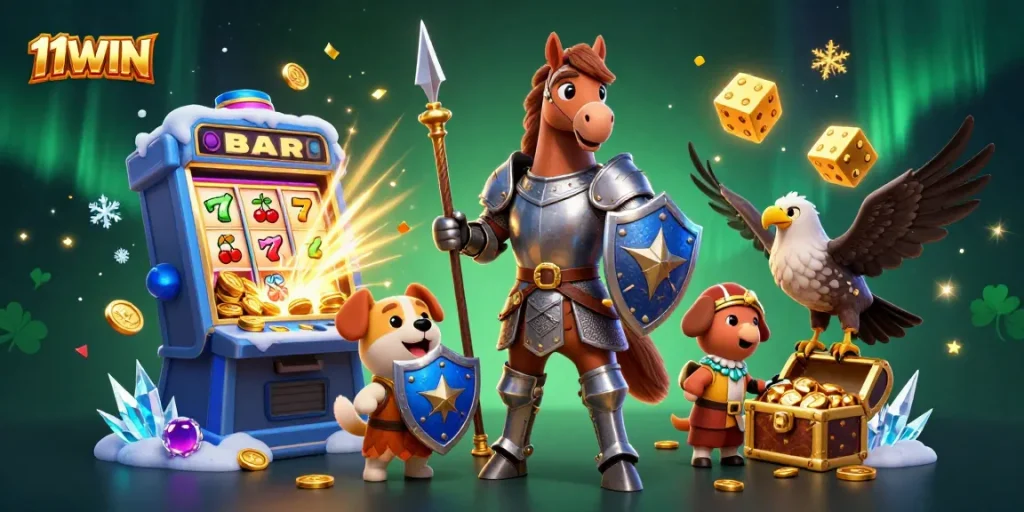 Experience thrilling jackpots with 11WIN surrounded by vibrant casino elements, characters in an energetic scene.