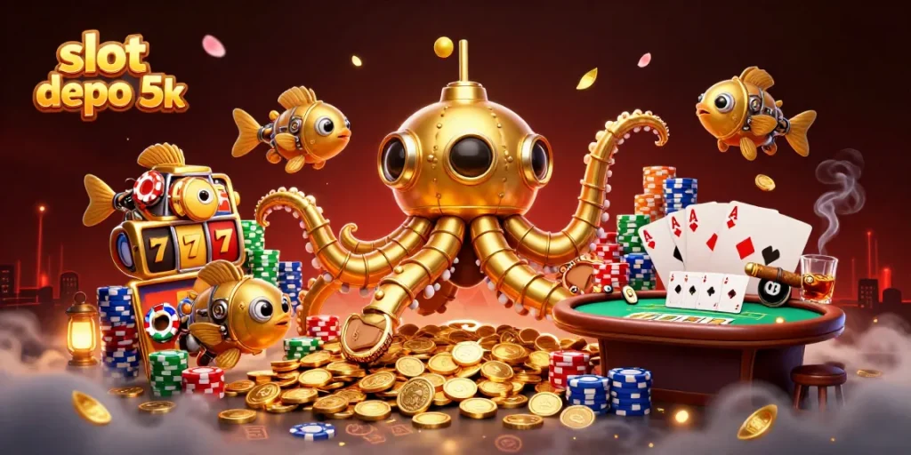Win big with slot depo 5k at the vibrant casino featuring golden creatures and poker action.
